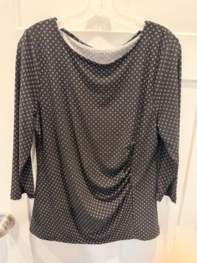 Talbots Petite Large Black White Print Ruched Side Stretch Knit Top LP